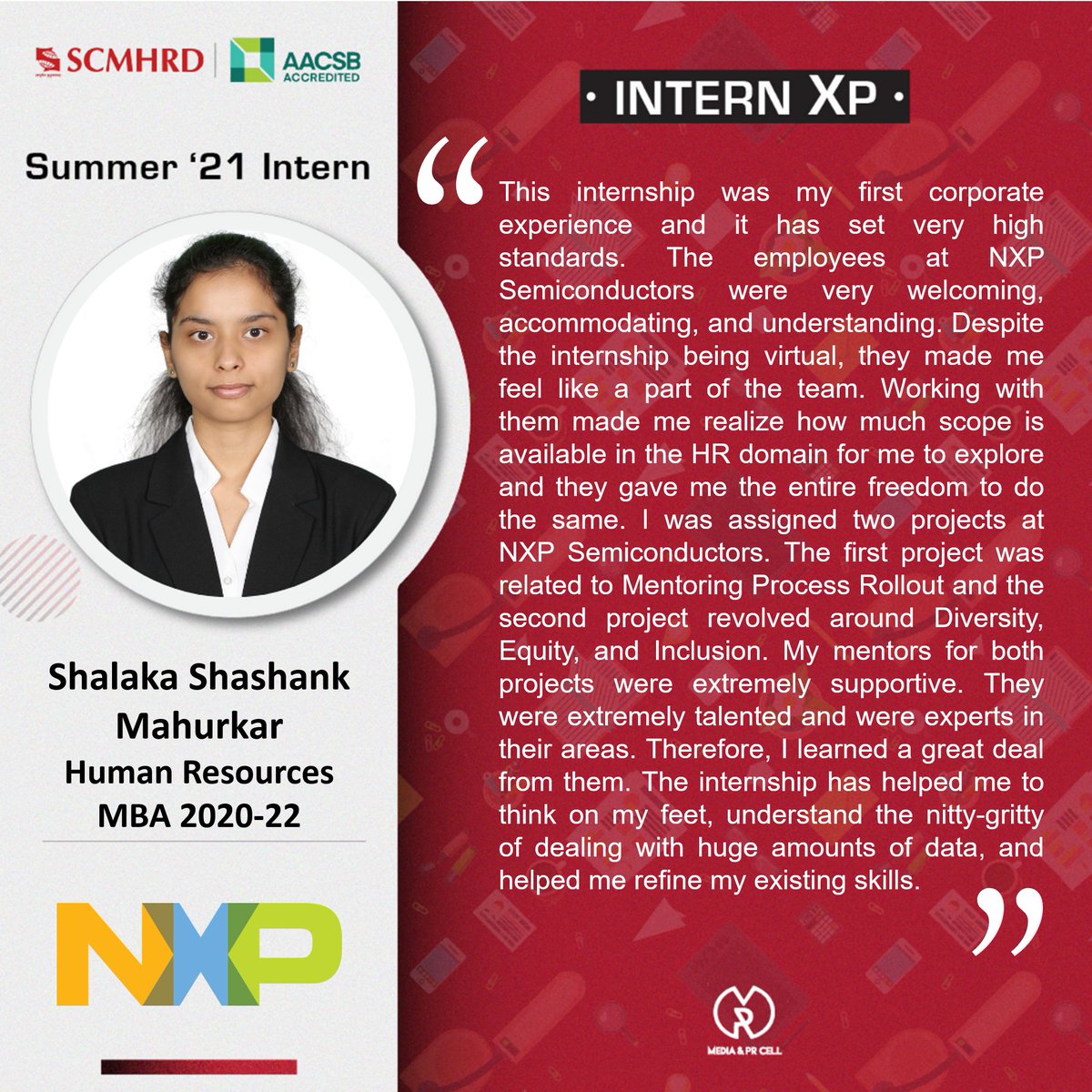 SCMHRDian's tweet image. In the next feature of InternXP, we&apos;ll look at the internship journey of Shalaka Shashank Mahurkar at @NXP. 

#NXPTechnology #InternXP #SCMHRDxp #SummerIntern21