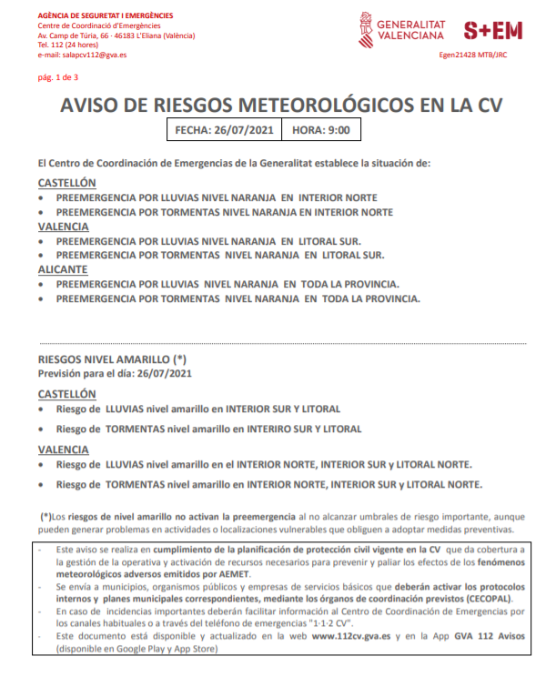 GVA112's tweet photo. (09:00 h)🟠 El Centre de Coordinació d'Emergències de la @generalitat estableix preemergència nivell taronja per #pluges i #tempestes davant la previsió d'
@AEMET_CValencia.
Les zones en preemergència són:
✅ Castelló, interior nord
✅ València, litoral sud
✅ província d'Alacant https://t.co/bCJ5cJQnSN