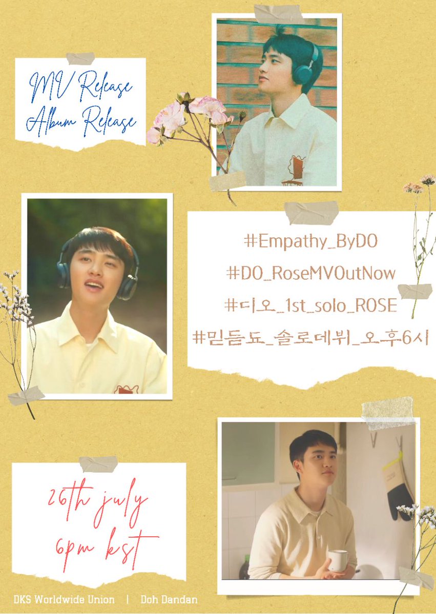 🗣 REMINDER 

'공감' D-DAY! Are y'all ready? Don't forget to use these Hashtags later at 5:30 PM KST. 

#.Empathy_ByDO #.DO_RoseMVOutNow 
#.디오_1st_solo_ROSE 
#.믿듣됴_솔로데뷔_오후6시 

#DO #디오 #엑소디오 
@weareoneEXO