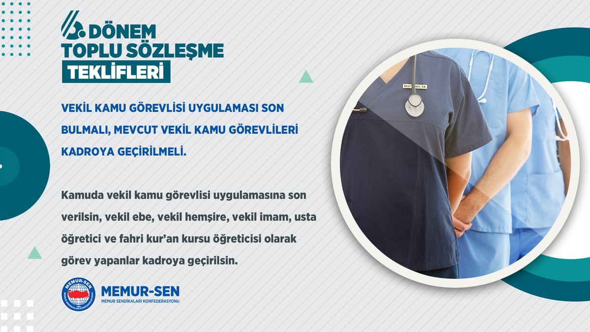MemurSenKonf's tweet photo. 6.) VEKİL KAMU GÖREVLİSİ UYGULAMASI SON BULMALI, MEVCUT VEKİL KAMU GÖREVLİLERİ KADROYA GEÇİRİLMELİ.

Vekil ebe, vekil hemşire, vekil imam, usta öğretici ve fahri kur��an kursu öğreticisi olarak görev yapanlar kadroya geçirilsin.

#MemurunTeklifi https://t.co/57GxKwtTAv