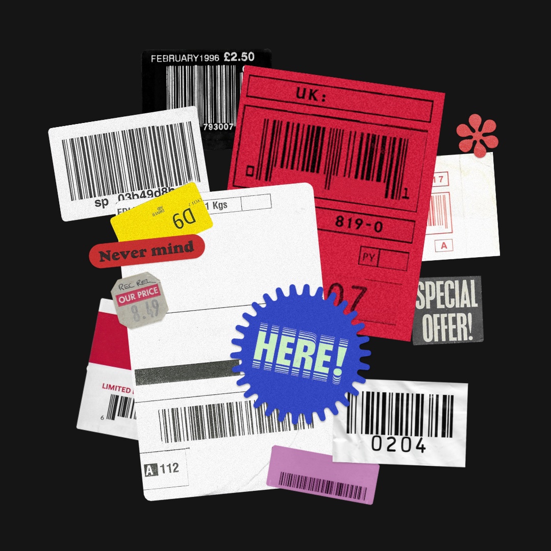 An image with numerous stickers and tags, including bar codes and prices.
