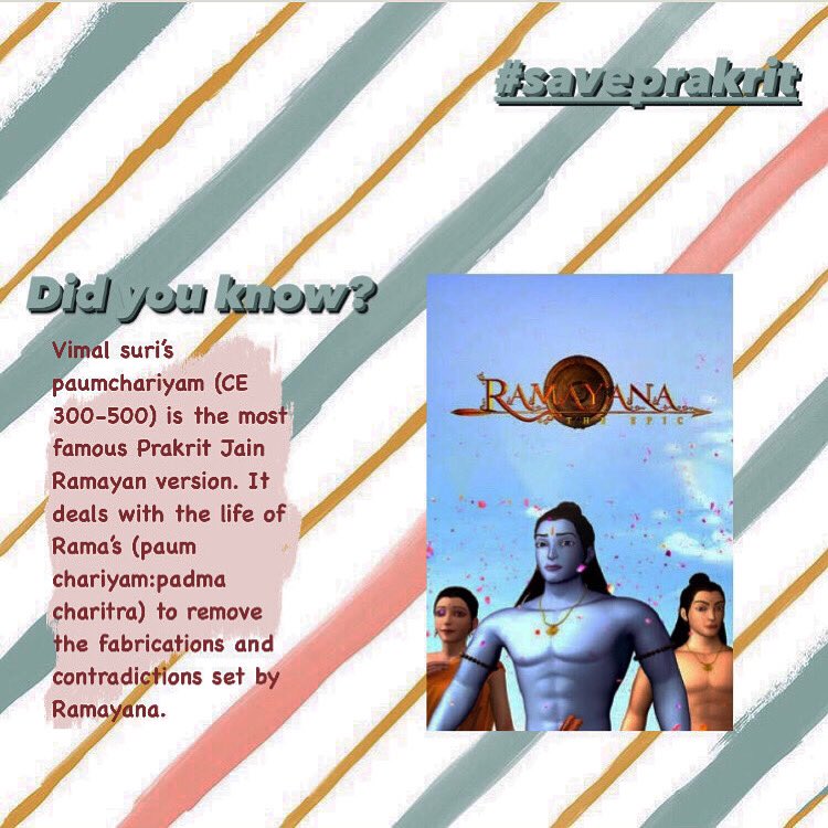 saveprakrit's tweet photo. Vimala Suri declares that the Rāmāyaṇa stories are full of absurdities, fabrications and contradictions. To remove these, he undertook the composition of Paumacariyam.#saveprakrit #sanskrit #prakrit #jainramayana #paumchariyam https://t.co/4GB1GHOEDL