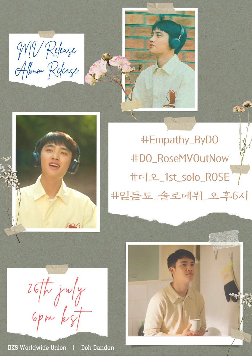 ‼️D-DAY HASHTAGS‼️

Few more minutes! Who's excited?🙋‍♀️
Don't forget to drop these tags at 6pm (KST)
👇👇👇

#⃣Empathy_ByDO
#⃣DO_RoseMVOutNow
#⃣디오_1st_solo_ROSE
#⃣믿듣됴_솔로데뷔_오후6시