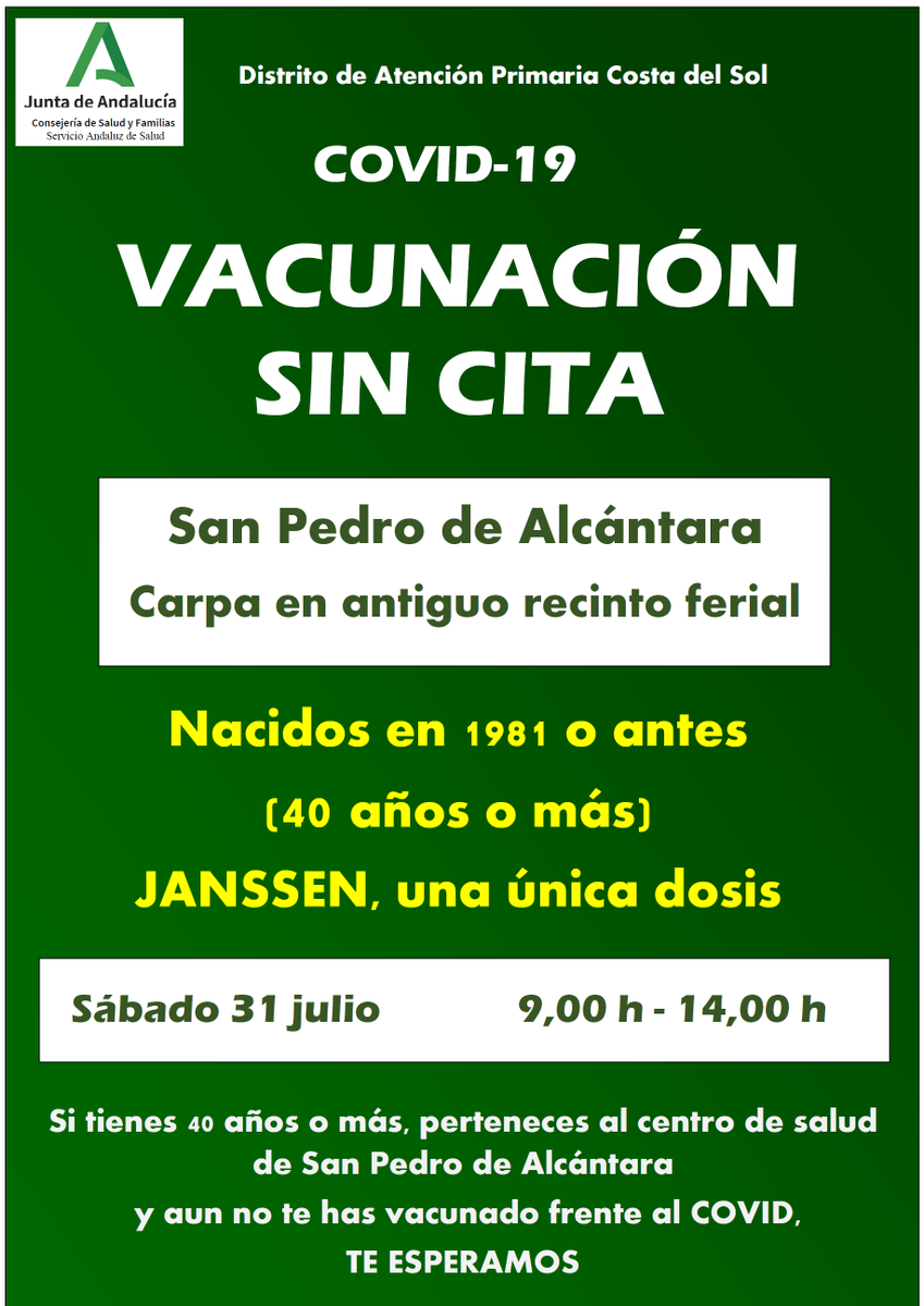 DSAPCostadelSol's tweet photo. Vacunaciones #Covid_19  masivas sin cita previa en la Costa del Sol. Comenzamos hoy en Torremolinos, Benalmádena, Fuengirola y Estepona. Y continuamos mañana en ... https://t.co/v6dZsIINPA