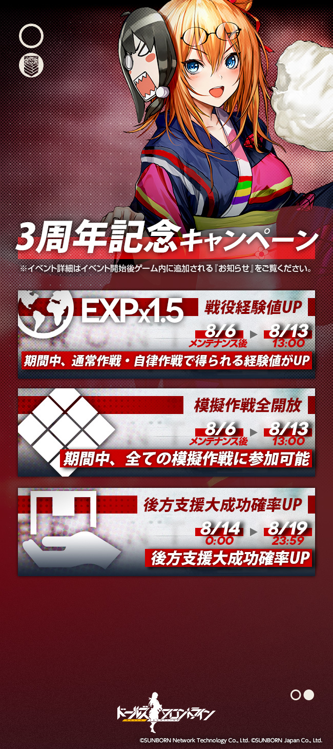 ドールズフロントライン公式 V Twitter 3周年記念確率upイベント 3周年を記念して 8月1日より様々な確率upが行われます 製造以外にも 戦役経験値upや後方支援大成功確率upなども開催 8月6日メンテナンス後 13日13 00 の期間は模擬作戦の全開放も行います ドールズフロントライン公式 V Twitter 3周年記念確率upイベント 3周年を記念して 8月1日より様々な確率upが行われます 製造以外にも 戦役経験値upや後方支援大成功確率upなども開催 8月6日メンテナンス後 13日13 00 の期間は模擬作戦の全開放も行います