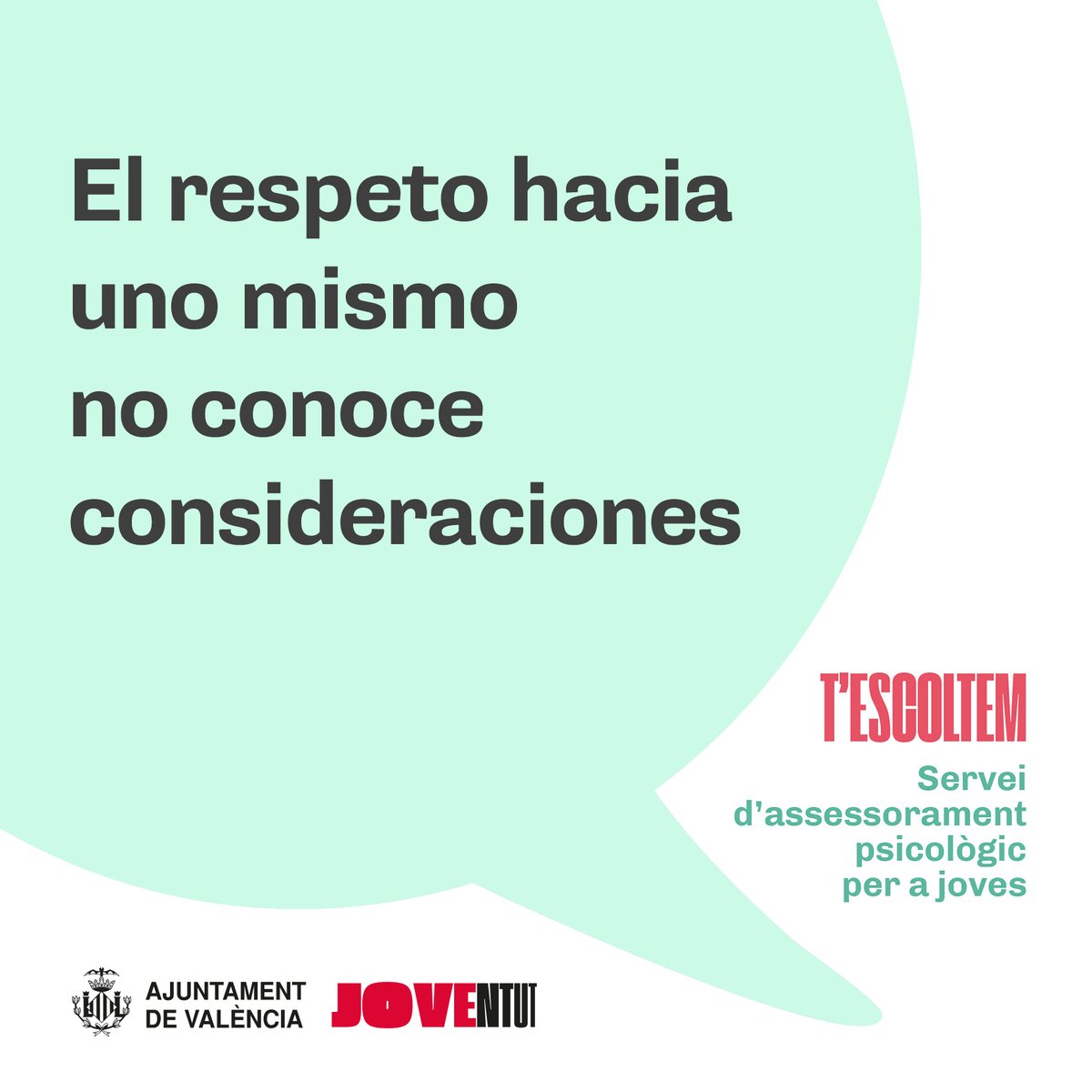 JoventutVLC's tweet photo. ⚡️El respecte cap a un mateix no coneix consideracions⚡️
👉 Si et sents desanimat/ada, tens problemes o et sents desbordat, aquest és el teu espai.😀
☎️ 962 087 124
📧 infojuventud@valencia.es
ℹ️ https://t.co/5lO8SmYdEp
#JoventutVLC
#EspaiJoveVLC https://t.co/ZxxoytgOQr