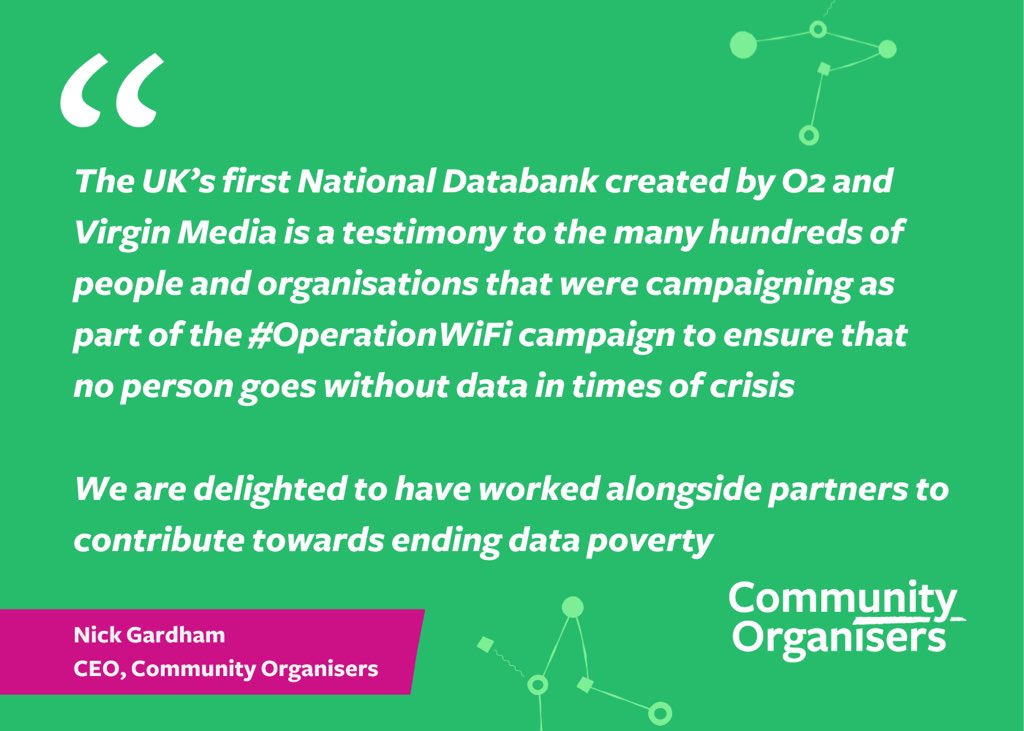 After catalysing the #OperationWiFi campaign in March 2020 we are delighted by news today from @VMO2News to create the UK’s first #NationalDatabank. This is a significant step forward in working towards ending #DataPoverty