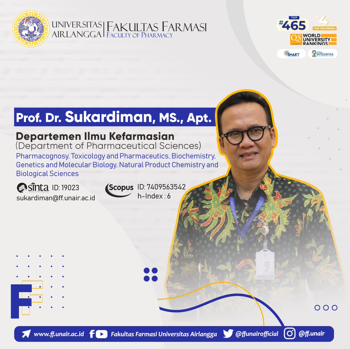ffunairofficial's tweet photo. We give a collaboration opportunity for both international and domestic institutions to solve problems according to the same research interest of Prof. Dr. Sukardiman, MS., Apt.
#LecturerProfile #Pharmacy #Farmasi #FFUNAIR #UNAIR #UniversitasAirlangga https://t.co/HVnN3WFPsU
