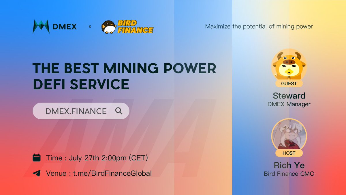 DMEX_finance's tweet photo. #DMEX has partnered with @bird_aggregator and successfully held an AMA in https://t.co/ZfO1Z1eqaW last Friday!

If you missed our first AMA, no worries. Due to popular community demand, we are doing TWO more AMAs tomorrow!

Join https://t.co/lsA21mceS0 or https://t.co/hNhbIjskTg https://t.co/dqd2ZBnCBz