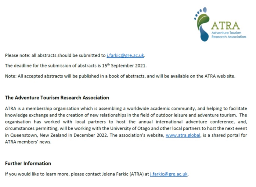 JOutdoorRecr's tweet photo. A Month of #Adventures: Reimagining a #Tourism #Future
The #ATRA (Adventure Tourism Research Association) will host a series of #free #webinars on 3rd, 10th, 17th &amp; 24th November 2021. Please find the Call for #Abstracts attached. https://t.co/KeACkblPFt