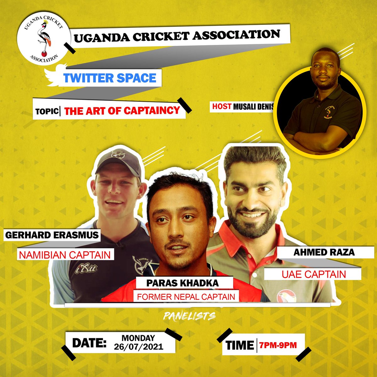 We talk the Art of Captaincy from 3 experienced international players. All have been fierce competitors aganist our Cricket Cranes. Join us as we talk the art of Captaincy with @gerharderasmus 🇳🇦 @paras77 🇳🇵 and Ahmed Raza of the UAE 🇦🇪 7-9pm EAT..