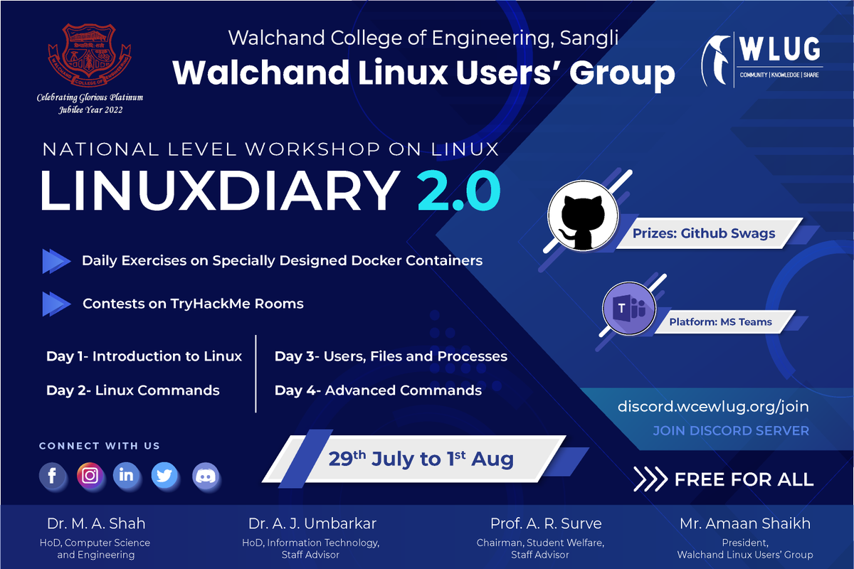 wcewlug's tweet photo. WLUG Presents National Level Workshop on Linux
"LINUXDIARY 2.0"

Where we will teach you from scratch with a live demo.
https://t.co/MTp3Eyv4Ag
#wlug #CommunityKnowledgeShare #OpenSource #Linux #LinuxDiary
Regards,
WLUG
https://t.co/2LMsCyuKwl https://t.co/tEz6p5QUyL