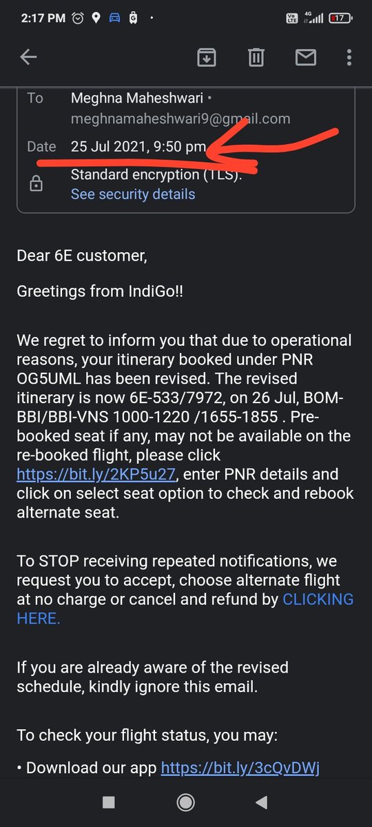 MeghnaM9's tweet photo. @IndiGo6E This is the email and text msg I got, that too at around 10 PM without any phone call. How can you inform about a flight 12 hours before? Is it not a courtesy to call your customer at such a last minute change? https://t.co/8WuBBPpTrM