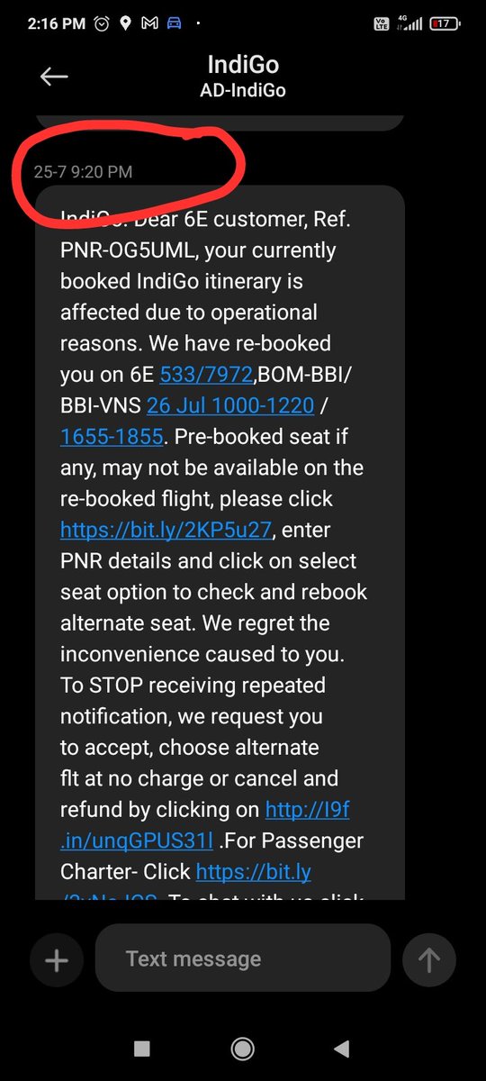 MeghnaM9's tweet photo. @IndiGo6E This is the email and text msg I got, that too at around 10 PM without any phone call. How can you inform about a flight 12 hours before? Is it not a courtesy to call your customer at such a last minute change? https://t.co/8WuBBPpTrM