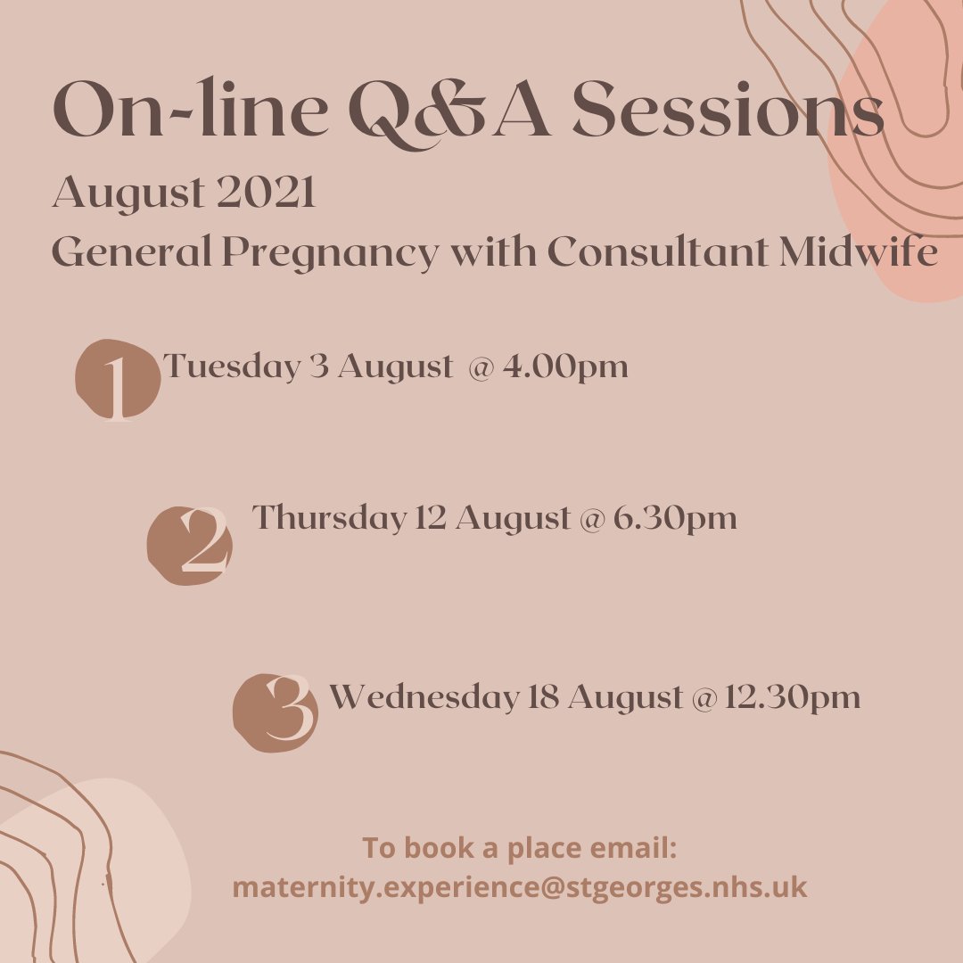 Our August 2021 Q&amp;A dates are here! <a href="/Chelmidi/">Chelone Lee-Wo 💙 🏳️‍🌈she/her</a>
Sessions are open to all and are your chance to ask questions about pregnancy and birth. Email Maternity.Experience@stgeorges.nhs.uk to book!