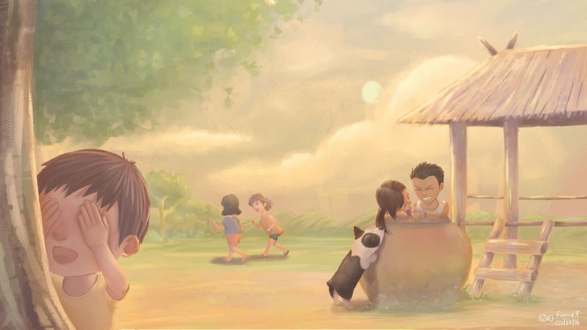FinnieTheFish's tweet photo. Just finished another commission. The concept is about children playing hide and seek around sunset time. I started this painting after finished Digital Brushwork Techniques from Marco Bucci. It is a very good course. Totally recommend it. https://t.co/ugChHYYGC2