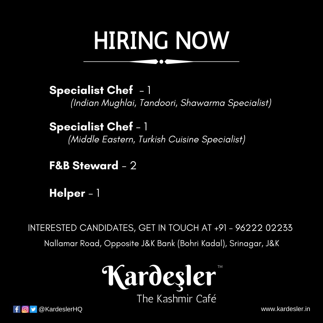 We are hiring. Please spread the word. 

Interested candidates, please get in touch at +91-9622202233.

#Kashmir #KashmirJobs #RestaurantJobs #JobsInKashmir #HiringNow #SrinagarJobs