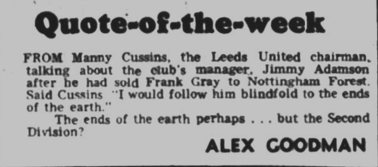 Quote of the week... and a worrying one from Manny Cussins who was backing Jimmy Adamson OUT in 1979!
More like it, whoever Alex Goodman was!
#lufc