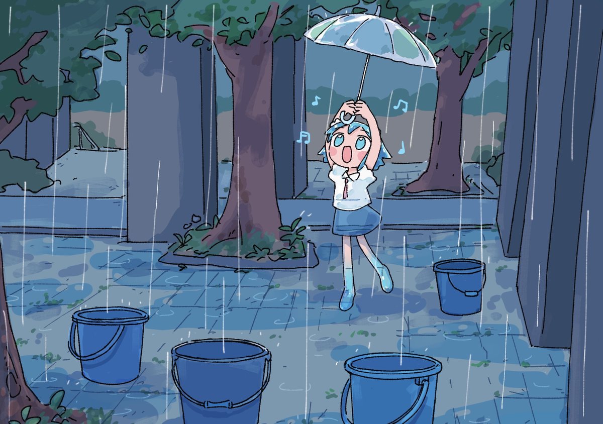 1girl solo rain rubber boots umbrella blue hair blue eyes  illustration images