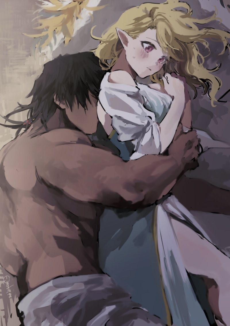 「#創作男女 初対面警戒からの懐きが急ハンドルすぎてついていけてないエルフお嬢さん」|おの人のイラスト