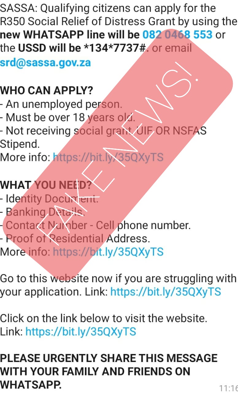 SASSA على X: &ldquo;Please be vigilant of the below false information 
