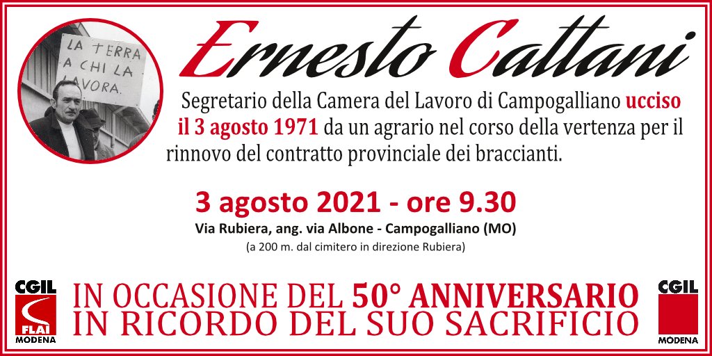 🟥 IL SACRIFICIO ESTREMO PER I DIRITTI DEI LAVORATORI
#3agosto la commemorazione di Ernesto Cattani: ore 9.30 nei pressi della stele posta in via Rubiera, angolo via Albone, a Campogalliano
👉 bit.ly/2WaeCn9