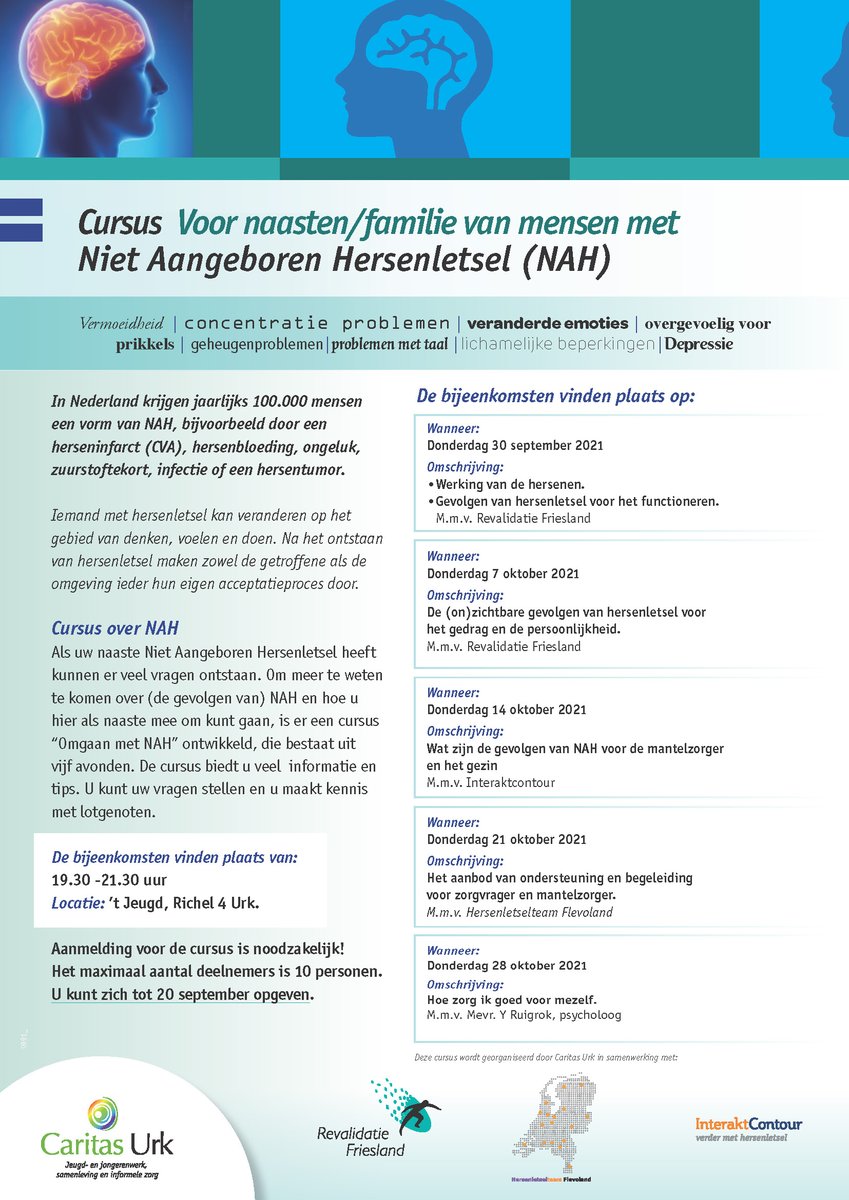 Schrijf je nu alvast in voor de cursus  Naasten van mensen met Niet Aangeboren Hersenletsel (NAH)