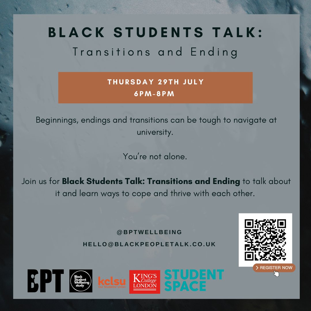BPTwellbeing's tweet photo. π Registration is open for #BlackStudentsTalk: Transitions & Ending
#BlackStudentsTalk x #StudentSpace sessions are wrapping up soon π. We'll conveniently be talking about navigating beginnings, transitions & endings at university
Register ππΏ https://t.co/5jF6OZjO8h https://t.co/wGDym2LBMj