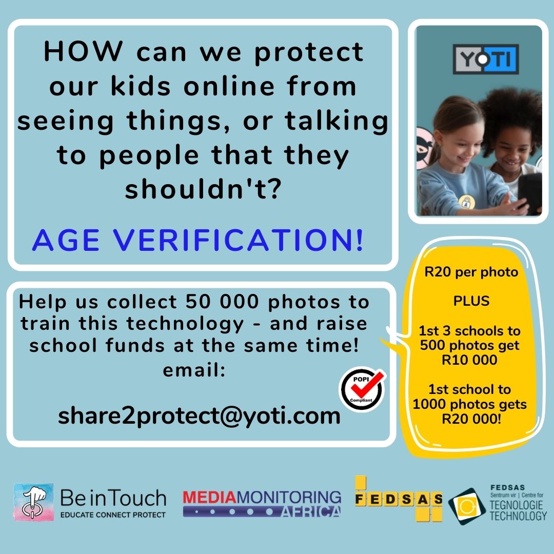 moxiiafrica's tweet photo. HOW can we protect our kids online from seeing things, or talking to people that they shouldn't?
#Share2protect
Send an email to share2protect@yoti.com, to get a full campaign launch pack. @BeintouchSA @fedsas1 https://t.co/FYaB7DTnMu