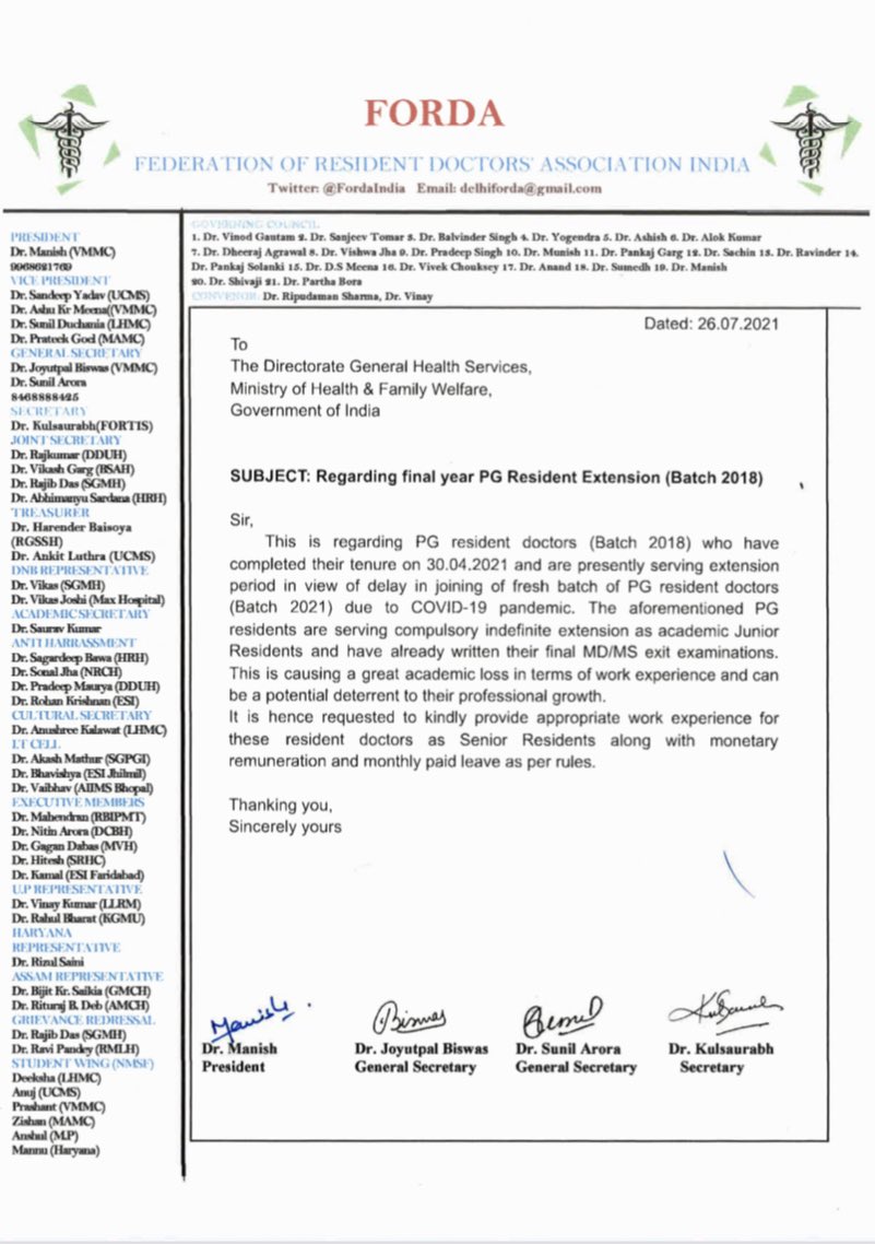 FordaIndia's tweet photo. Regarding extended tenure of Final Year Resident Doctors, in view of the on-going #COVID19Pandemic &amp; request for providing adequate #WorkExperience as Senior Resident alongwith #Remuneration &amp; #PaidLeaves @DghsIndia @NMC_IND @mansukhmandviya @MoHFW_INDIA @ani @medicaldialogs https://t.co/3u5k19X7cH