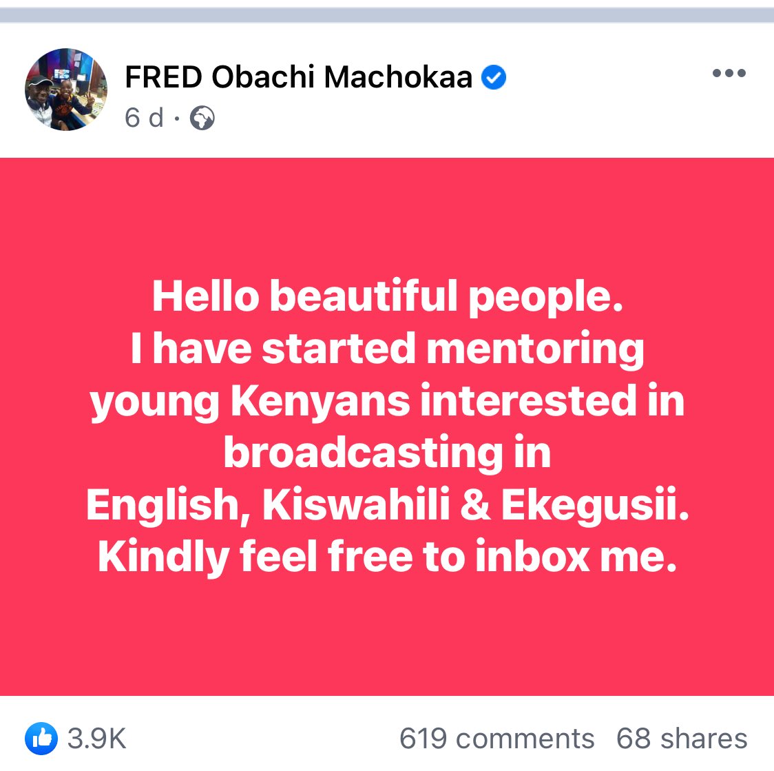 MwalimuRachel's tweet photo. I love this man. Also, before you add pressure to any media personality about mentorship, please, consider timing, their readiness, their capability and years of experience. I applaud 👏🏾 this move from @fredomachoka #BrakeTime #Mentorship 
Go here NOW https://t.co/gjMQ2DYQna https://t.co/urkDzHJO1i