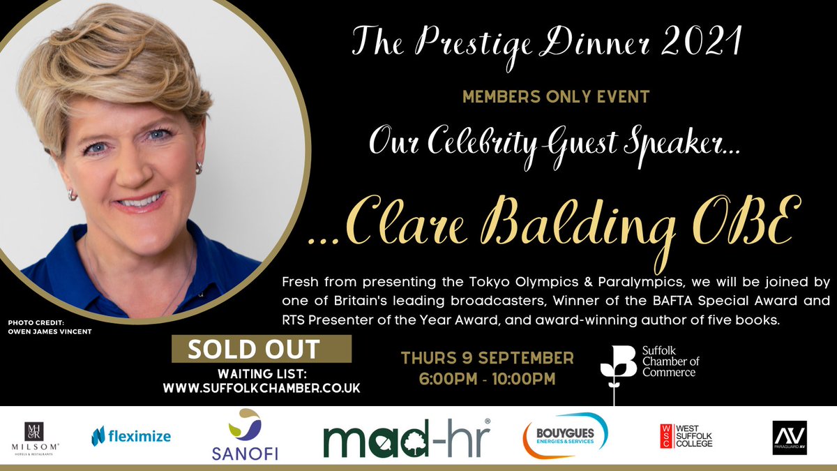 Drum roll please... 🥁 The 7 week countdown is on to our SELL OUT annual Prestige Dinner 2021!

This year we are thrilled to be joined by <a href="/clarebalding/">Clare Balding 💙</a> OBE, fresh from presenting the #Tokyo2020 Olympics &amp; Paralympics.

Receive updates on next years event👉 suffolkchamber.co.uk/events-network…