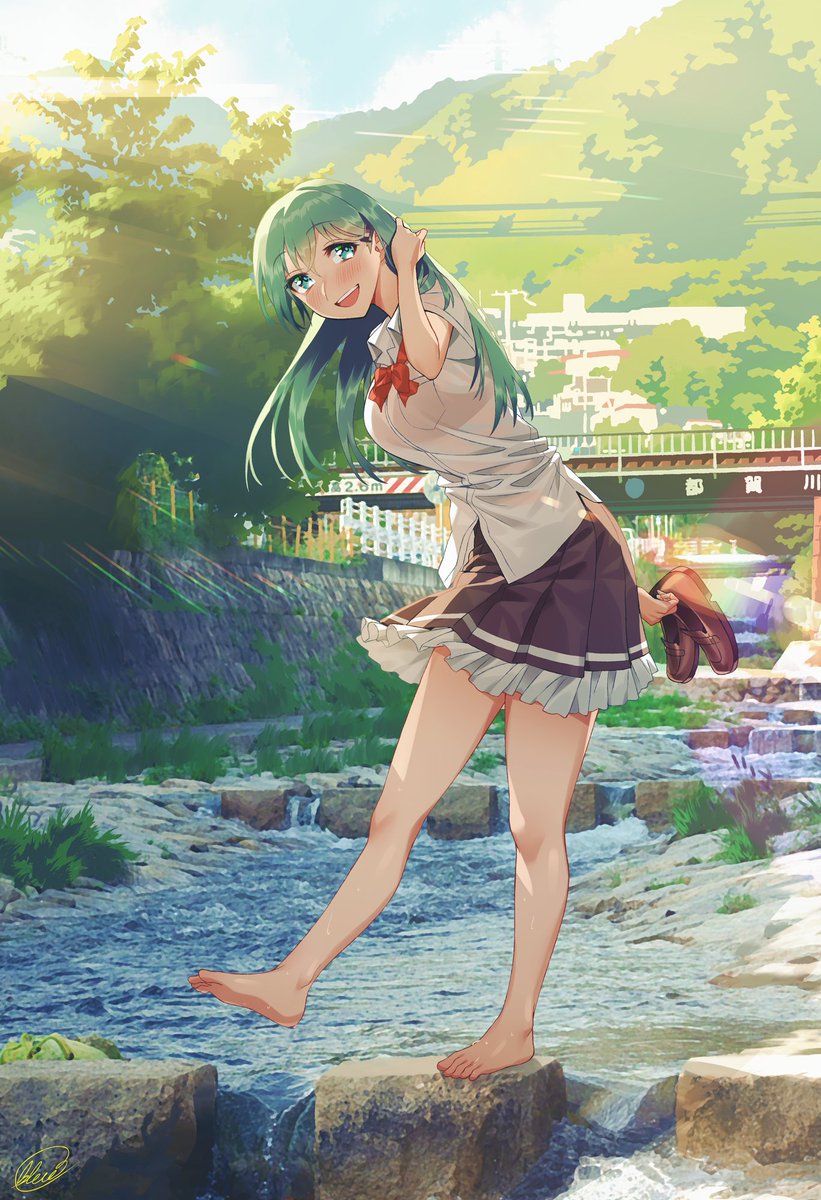 suzuya (kancolle) 1girl long hair skirt solo barefoot shirt outdoors  illustration images