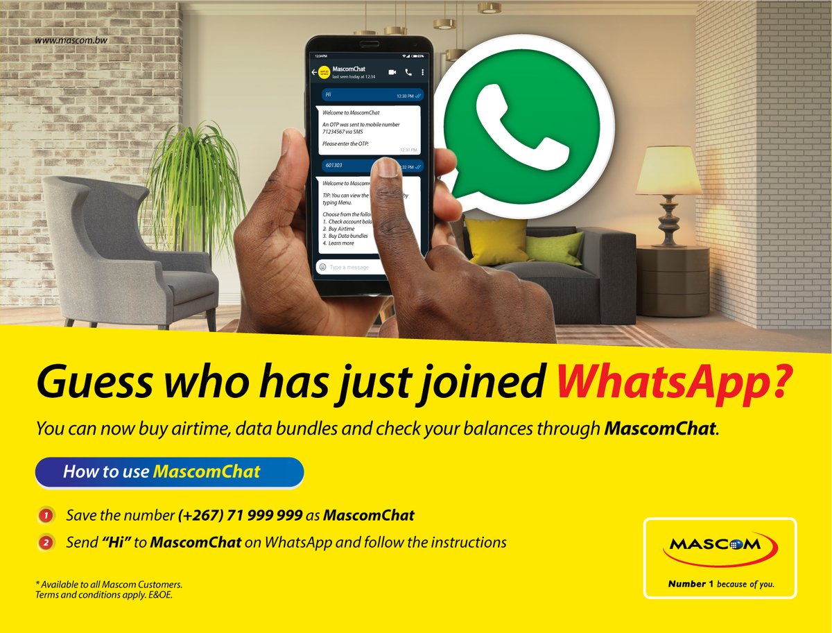 MascomWireless's tweet photo. You never have to leave WhatsApp!📲
Purchase airtime, data bundles and check your balance all through MascomChat.

Save the number (+267) 71 999 999 as MascomChat, send “Hi” and follow the instructions. 

#MascomChat #Number1BecauseOfYou https://t.co/t3c5rZoOxv