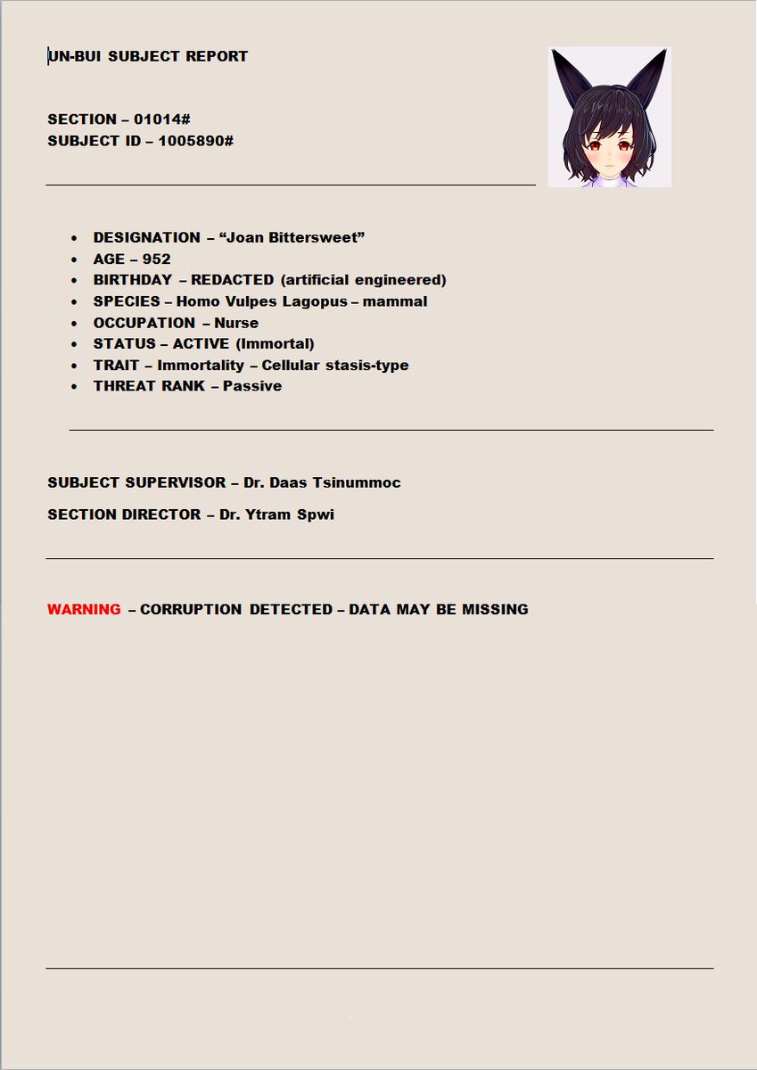 JoanBittersweet's tweet photo. "Leaked files from the UN-BUI (United Nations - Bureau of Unnatural Individuals)"

Made with help from @Saad07695644 

This is my lore! Hoping you enjoy! https://t.co/Tkl80X6PRc