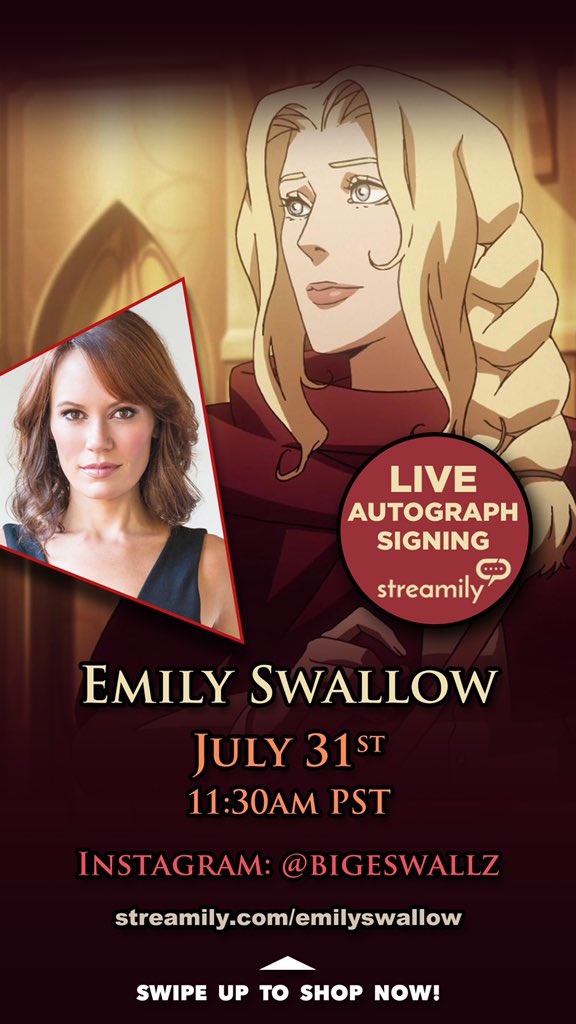 It’s a #CastlevaniaNetflix reunion this Saturday!  Come check out the free panel and then see me afterwards on my IG Live for autograph signing!  streamily.com/emilyswallow