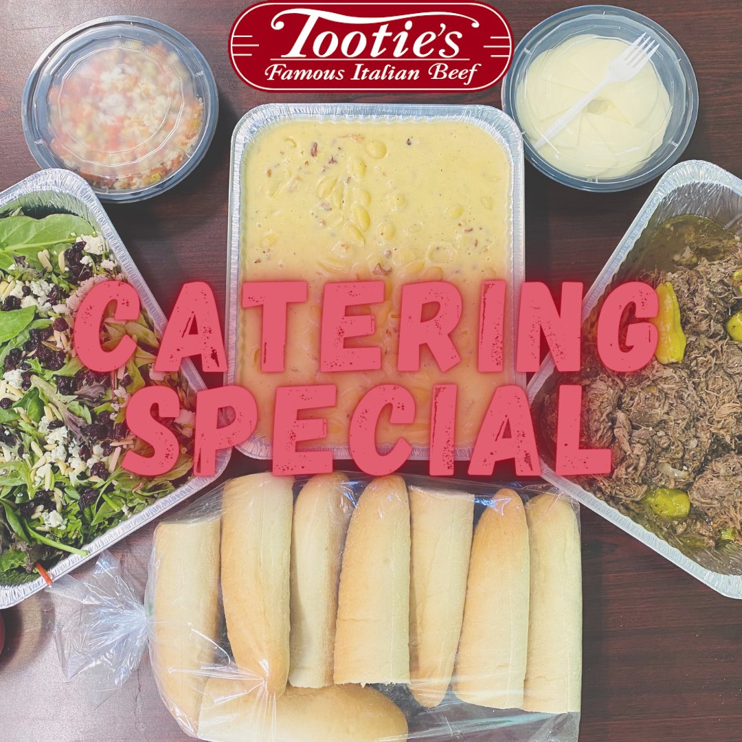 🗣CATERING SPECIAL! 🗣 Choice of Beef or Chicken, Bacon Mac n’ Cheese, &amp; Almond Crunch Salad for 10 people only $99! Place your order today! #tootiesfamous #pittsburgh #marketsquare