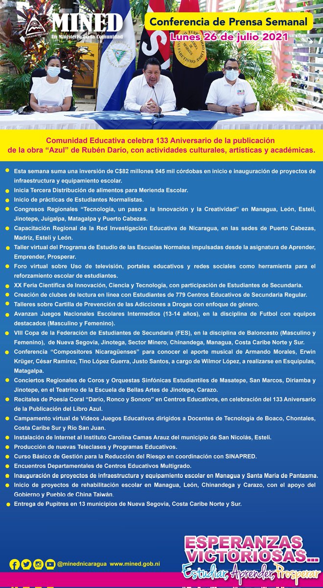 #Nicaragua | Conferencia de Prensa Semanal

🗓️ Lunes 26 al viernes 30 de julio 2021