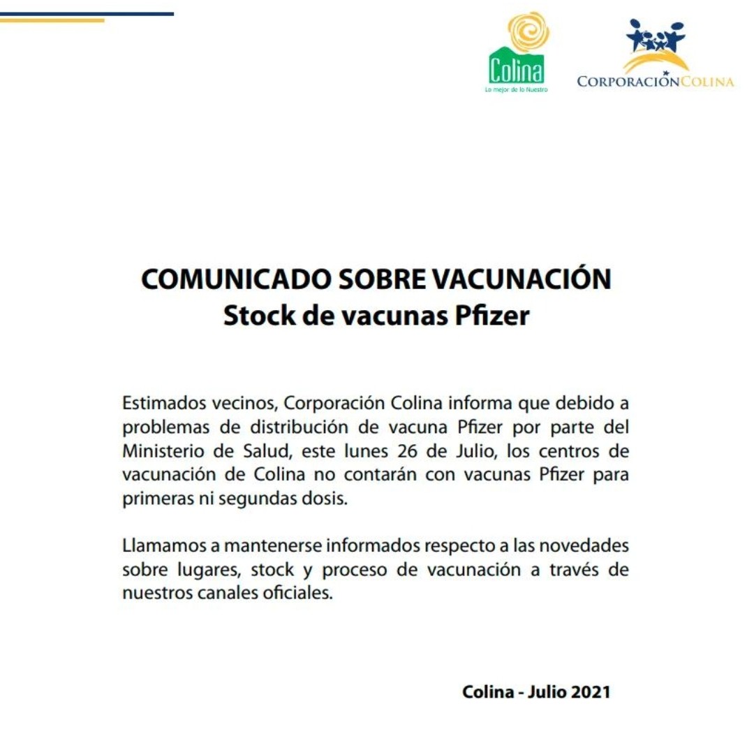 Importante vacunación Hoy Lunes en #Colina #Chicureo. No hay Pfizer hasta nuevo aviso. Consulte canales oficiales como <a href="/MuniColina/">Municipalidad Colina</a>.