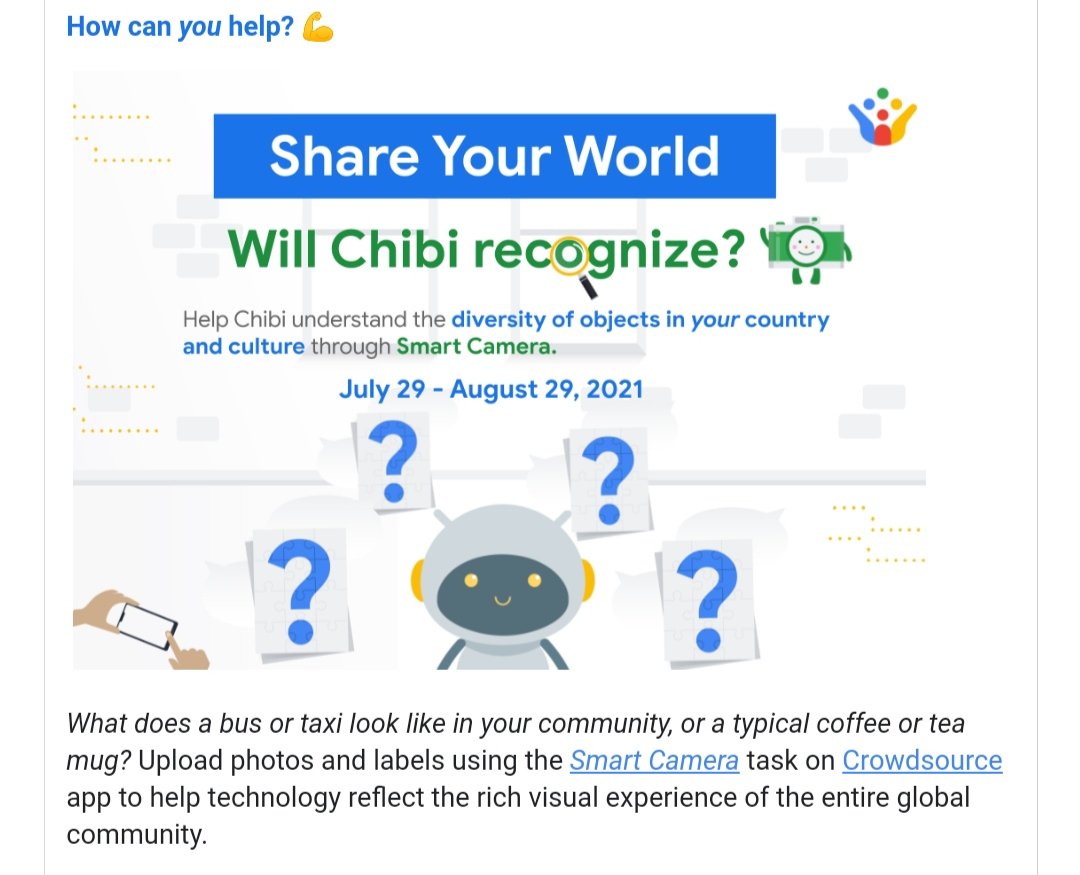 Nueva campaña 🥳🎉
Registro: bit.ly/3iasmHn
#teamchullo #GoogleCrowdSource #shareyourworld #30daysofcrowdsource