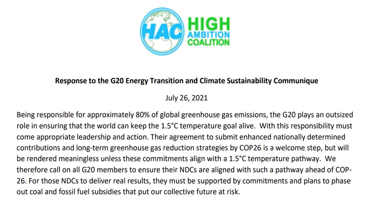 Responsible for 80% of global emissions, the #G20 plays an outsized role in keeping 1.5C alive. With this responsibility must come leadership &amp; action. We call on members to submit 1.5C aligned NDCs ahead of #COP26 &amp; take action to phase out coal&amp; fossil fuel subsidies. #G20Italy