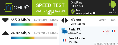 Odrilow's tweet photo. β665319 kb/s β24820 kb/s, β 43 ms / mobile:Free Mobile / #OnePlus8Pro5G / #nPerf v2.10.3 / https://t.co/FEG6wxdRc4