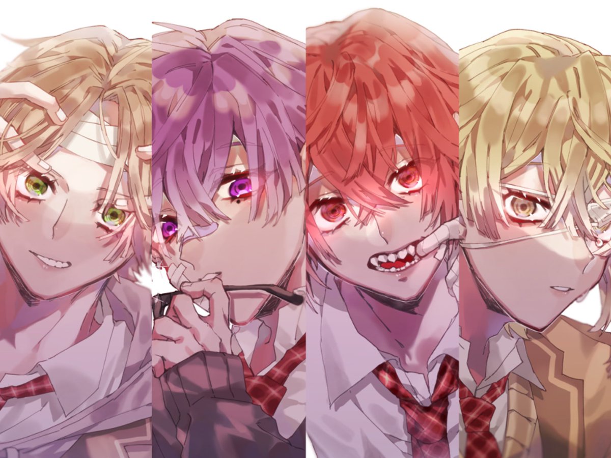 blonde hair multiple boys red hair male focus yellow eyes bandages purple eyes  illustration images