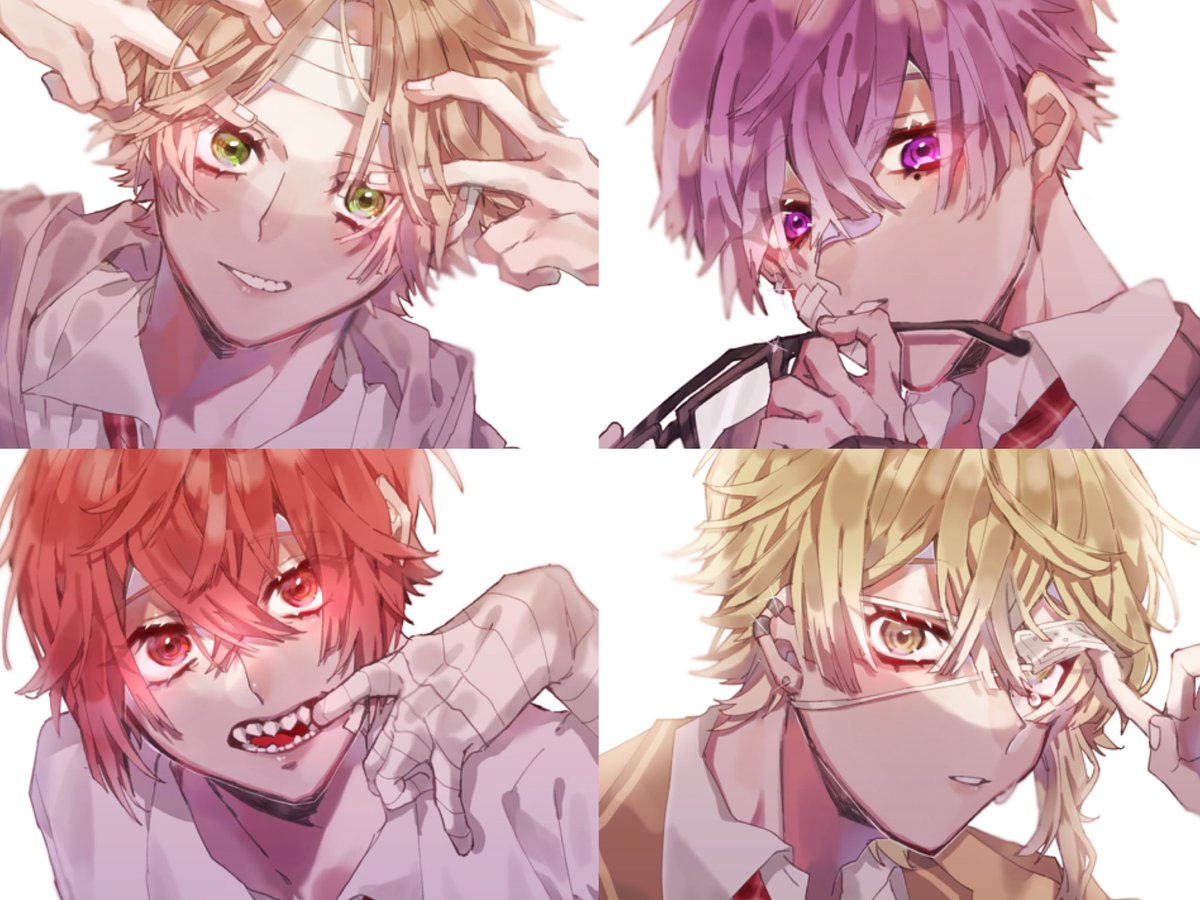 blonde hair multiple boys red hair male focus yellow eyes bandages purple eyes  illustration images