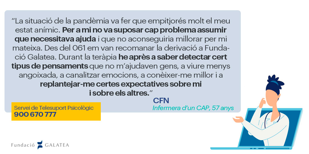 FundacioGalatea's tweet photo. ➡️Assumir que necessitem ajuda és un dels punts més importants per començar el canvi. 🗣️CFN, infermera d'un CAP, va donar el pas i va acudir al servei de #telesuport psicològic ja que la #pandèmia havia fet que el seu estat anímic empitjorés molt 

💻https://t.co/KqHu9q3gLw https://t.co/6ebu0MBggj