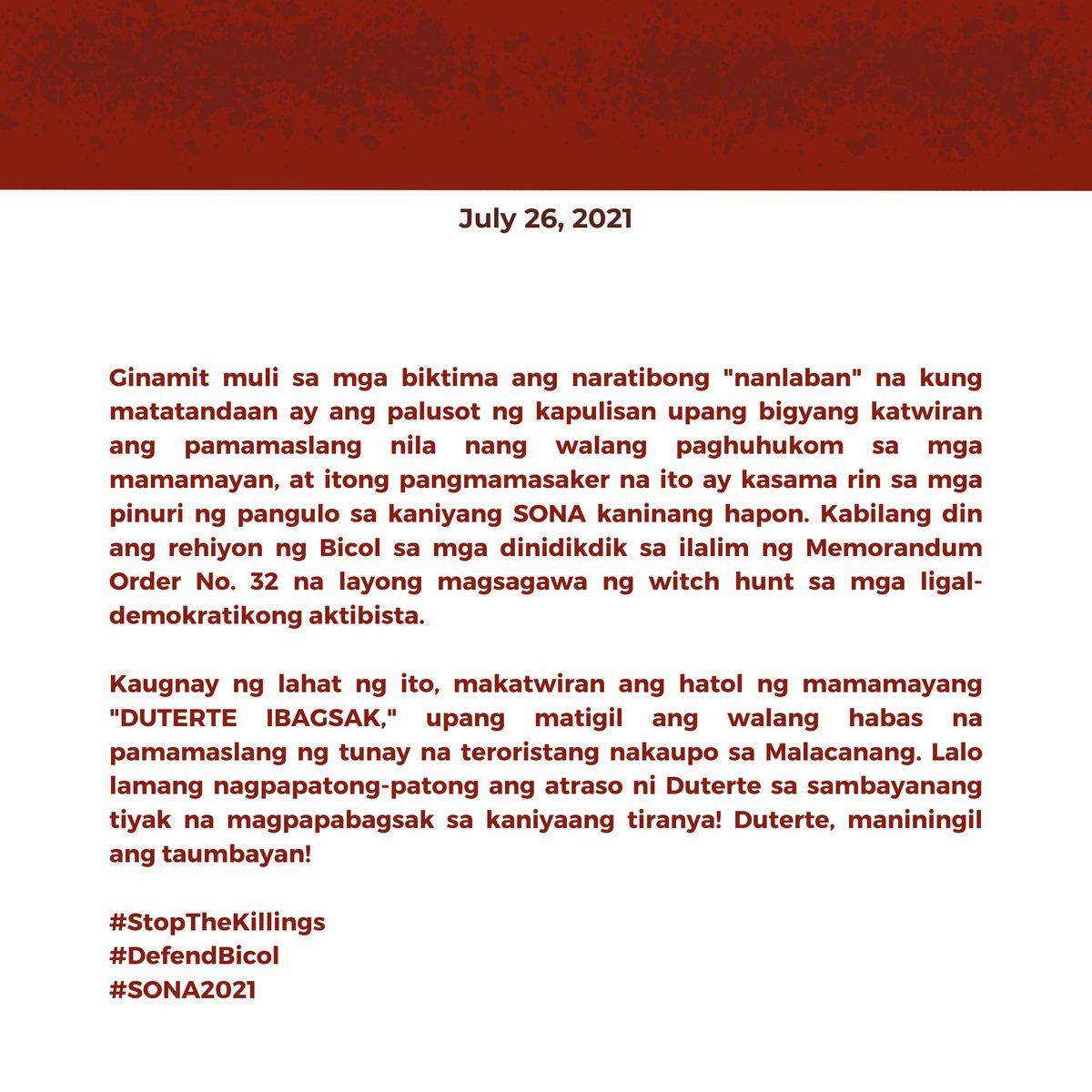 Pinagbabaril at ginamitan ng naratibong 'nanlaban' ng kapulisan ang dalawang kalalakihang nagpinta ng kanilang panawagan sa isang tulay sa Albay, Bicol. 

#StopTheKillings
#DefendBicol
#SONA2021