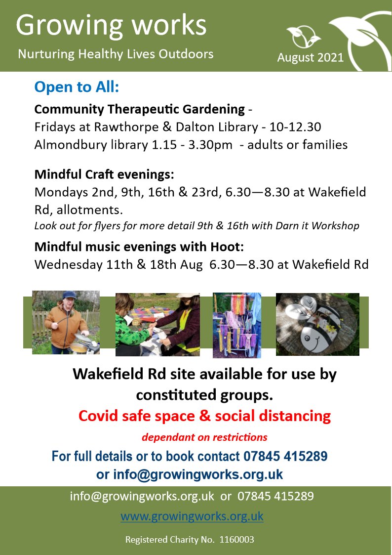 Dalton Together (@daltontogether) on Twitter photo 🌿 Growing Works August 2021 Activities 🌻
<a href="/Growingworks/">Growing Works</a> has so much on offer, whether it's families of children with needs, adults needing support, or those just looking for ways to connect and relax.
📞 07845 415289 or ✉️ info@growingworks.org.uk
growingworks.org.uk/session-times-… 🌿 Growing Works August 2021 Activities 🌻
<a href="/Growingworks/">Growing Works</a> has so much on offer, whether it's families of children with needs, adults needing support, or those just looking for ways to connect and relax.
📞 07845 415289 or ✉️ info@growingworks.org.uk
growingworks.org.uk/session-times-…