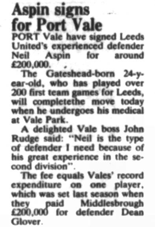 LUSCgriffinLUFC's tweet photo. One #lufc player who was surplus to Howard Wilkinson's requirements &amp; had managed to find another club was dependable &amp; hard-working full back Neil Aspin who was sold to Port Vale on 24th July 1989.
240+ apps (6 goals) at Leeds having debuted at just 16 years old.
A #PVFC legend? https://t.co/pac23Crd5M