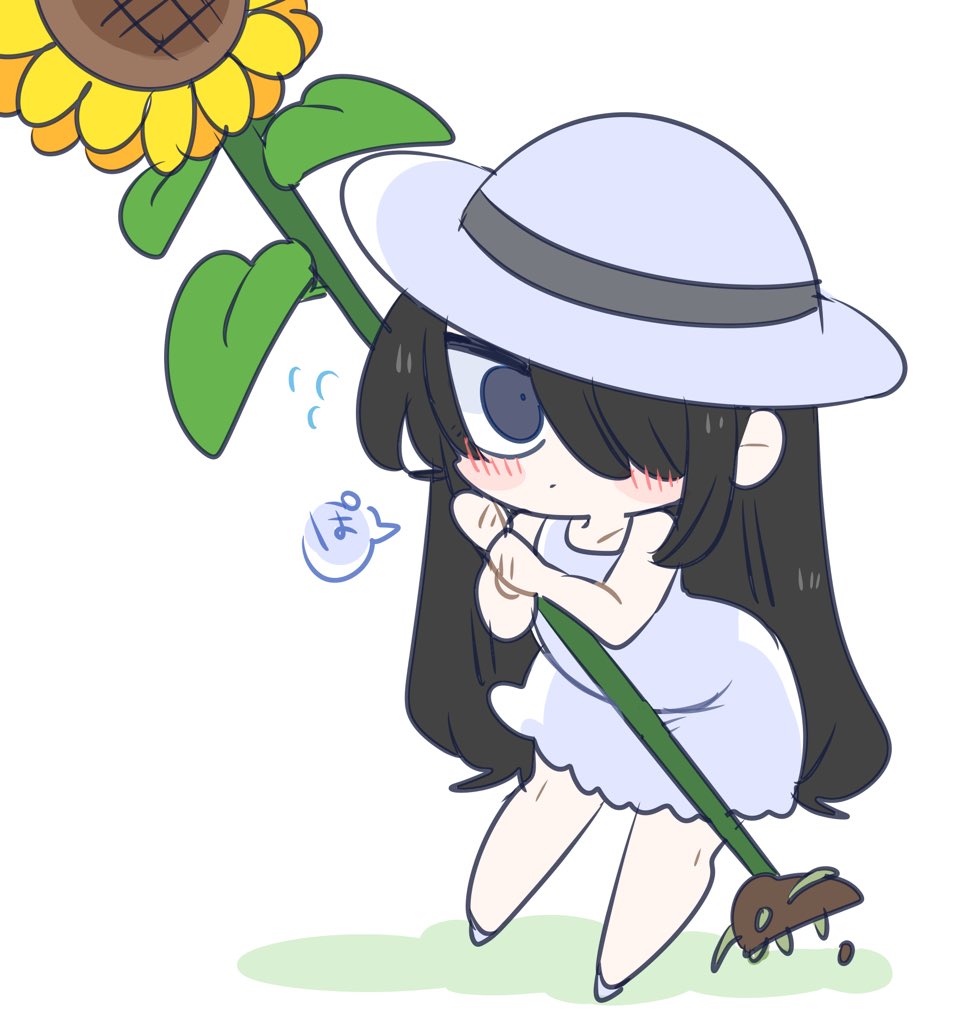 1girl hat dress black hair flower hair over one eye sunflower  illustration images