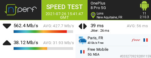 Odrilow's tweet photo. β562424 kb/s β38124 kb/s, β 39 ms / mobile:Free Mobile / #OnePlus8Pro5G / #nPerf v2.10.3 / https://t.co/pKM1SqGo10